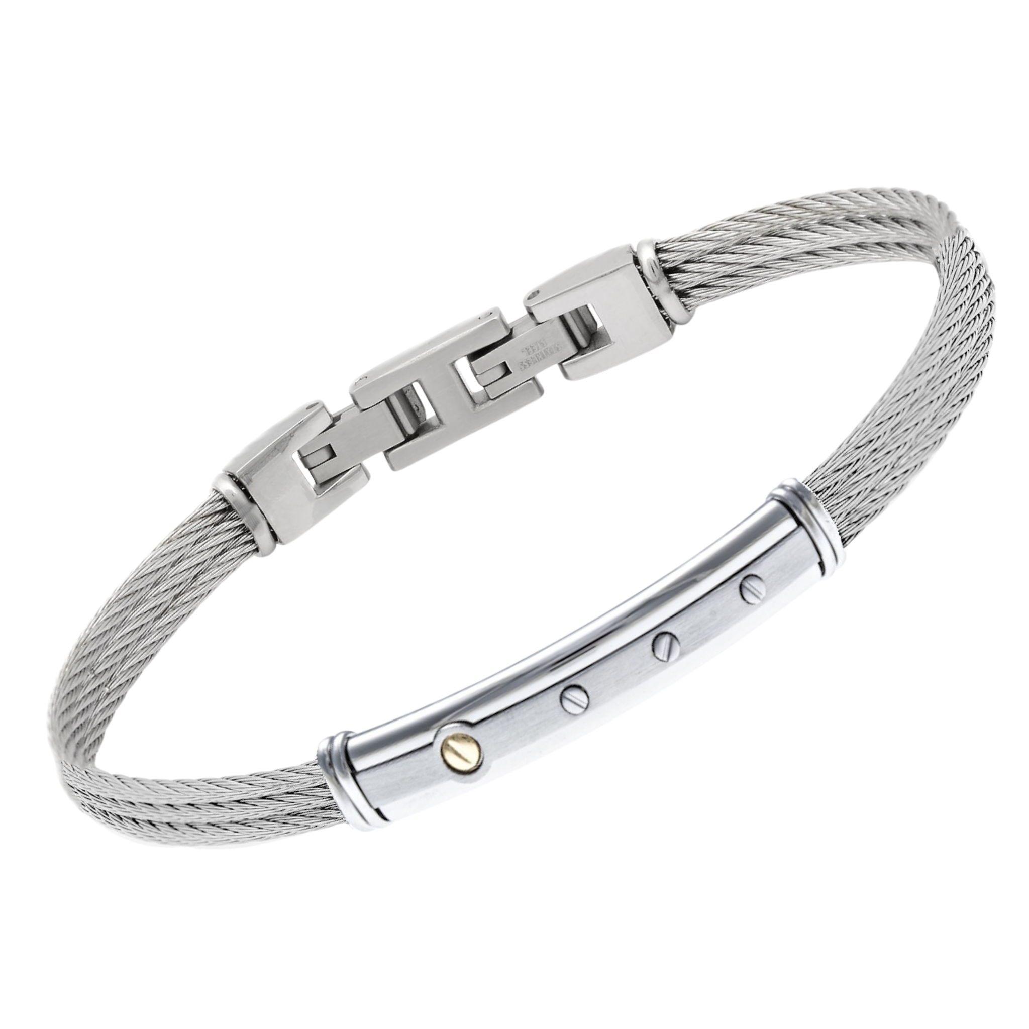Bracciale cavetto in acciaio con targa e vite in oro 18 kt (gr 0.03)
