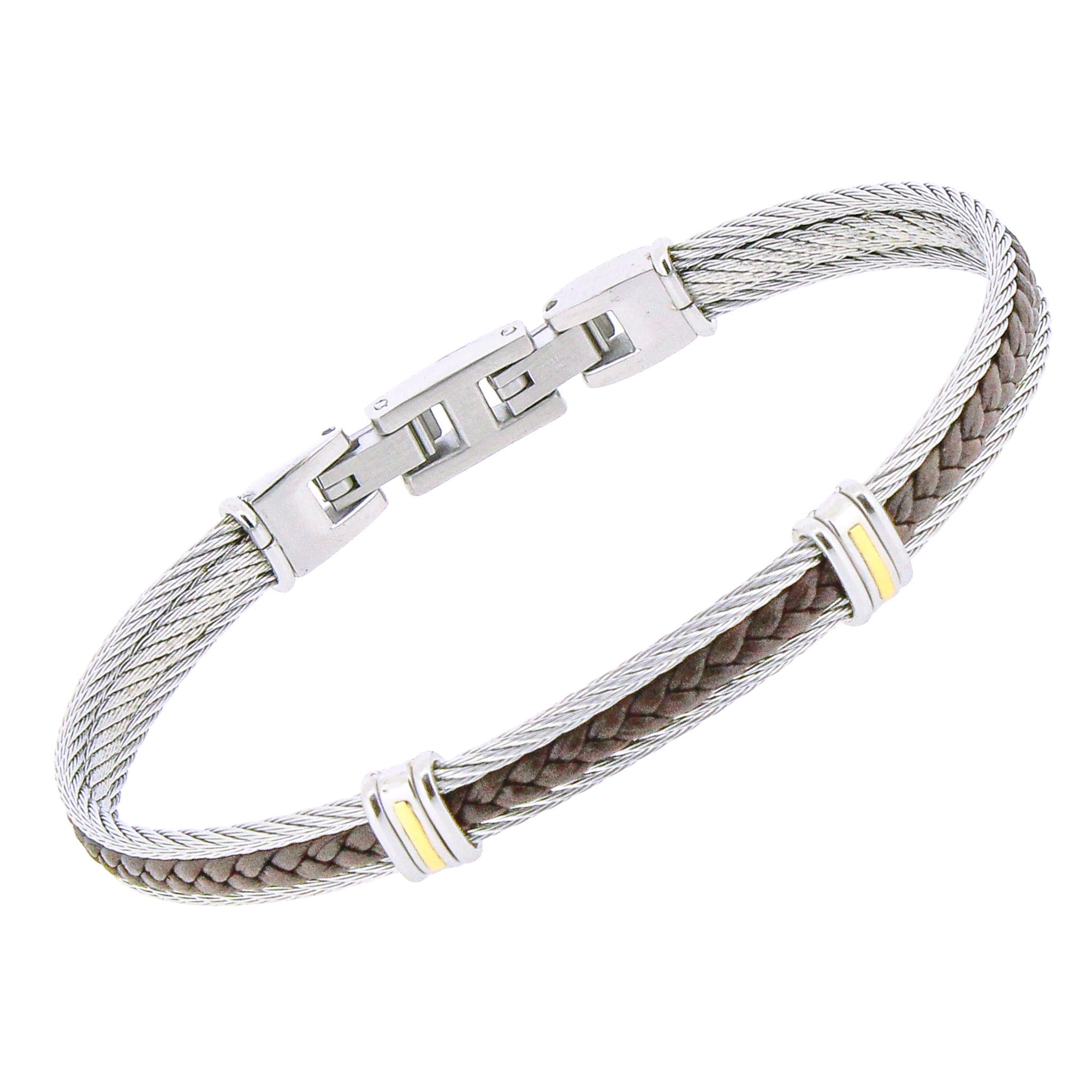 Bracciale cavetto in acciaio con pelle marrone centrale e strisce in oro 18 kt (gr 0.06)