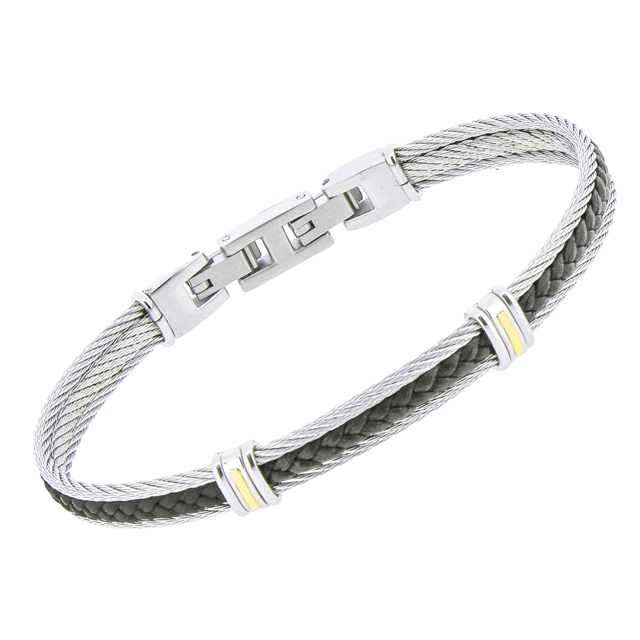 Bracciale cavetto in acciaio con pelle nera centrale e strisce in oro 18 kt (gr 0.06)