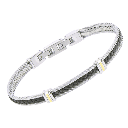 Bracciale cavetto in acciaio con pelle nera centrale e strisce in oro 18 kt (gr 0.06)