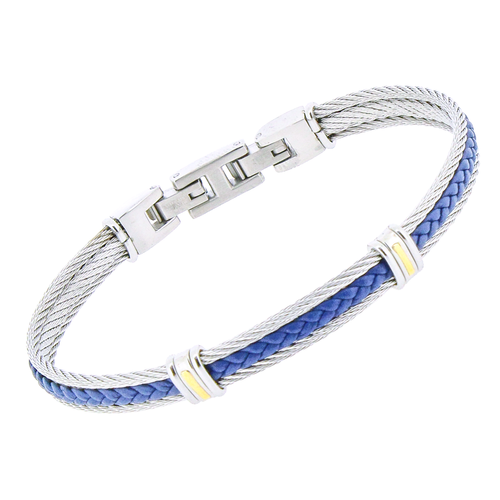 Bracciale cavetto in acciaio con pelle blu centrale e strisce in oro 18 kt (gr 0.06)