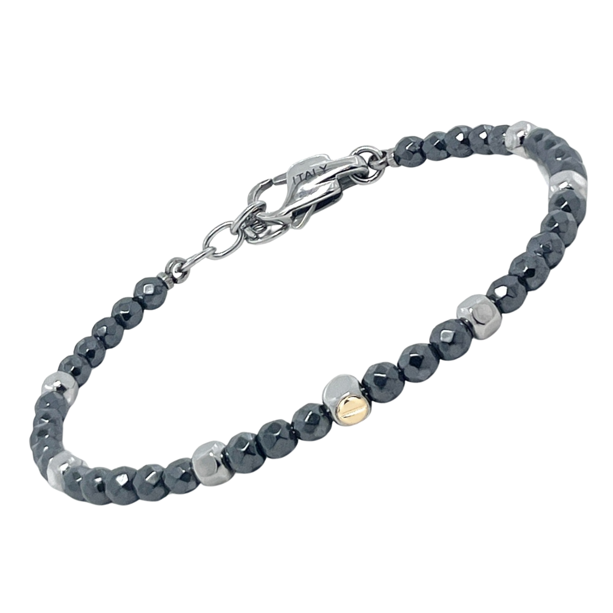 Bracciale in acciaio con pietre naturali in Ematite e vite centrale in oro 18 Kt (gr 0.03)