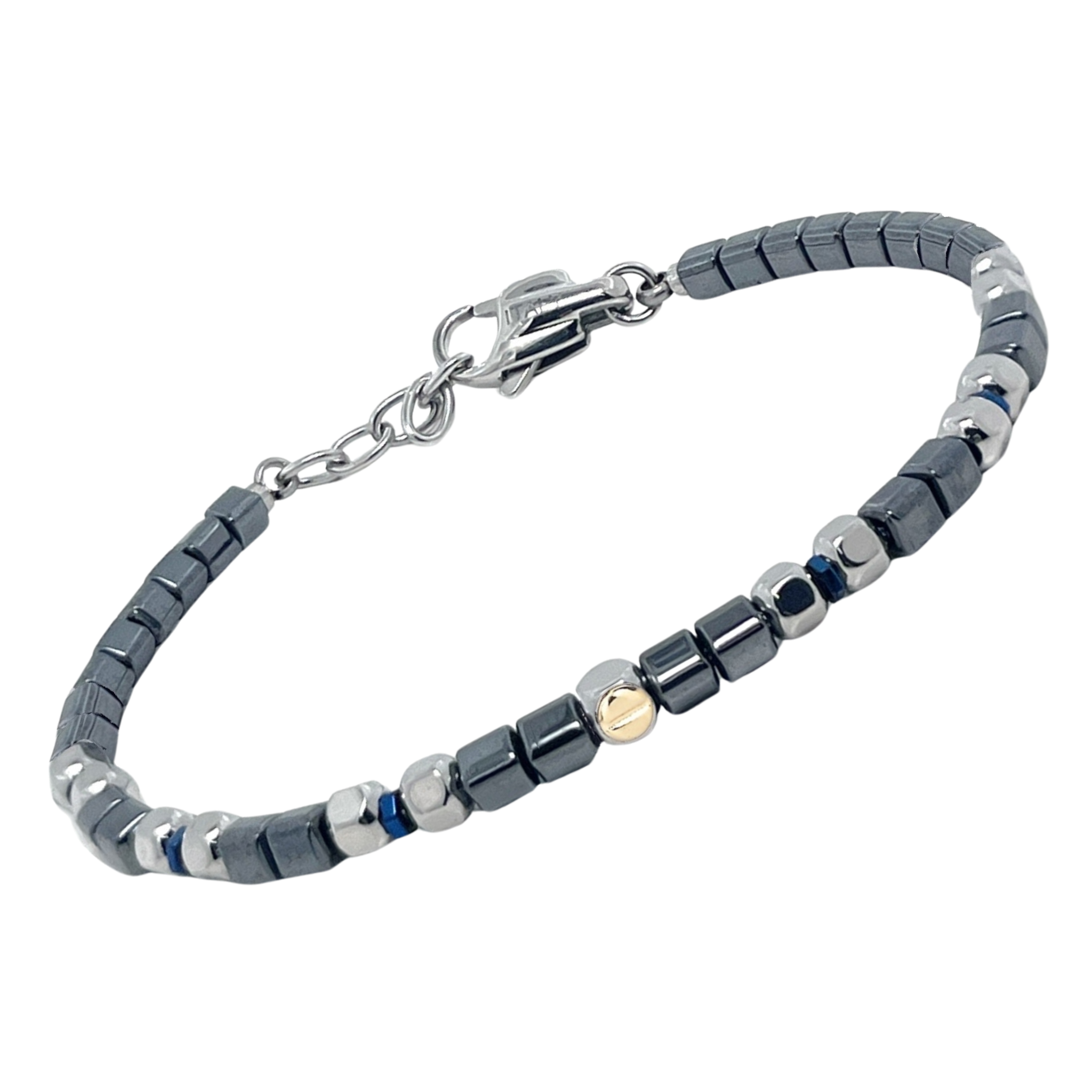 Bracciale in acciaio con pietre naturali in Ematite e vite centrale in oro 18 Kt (gr 0.03)