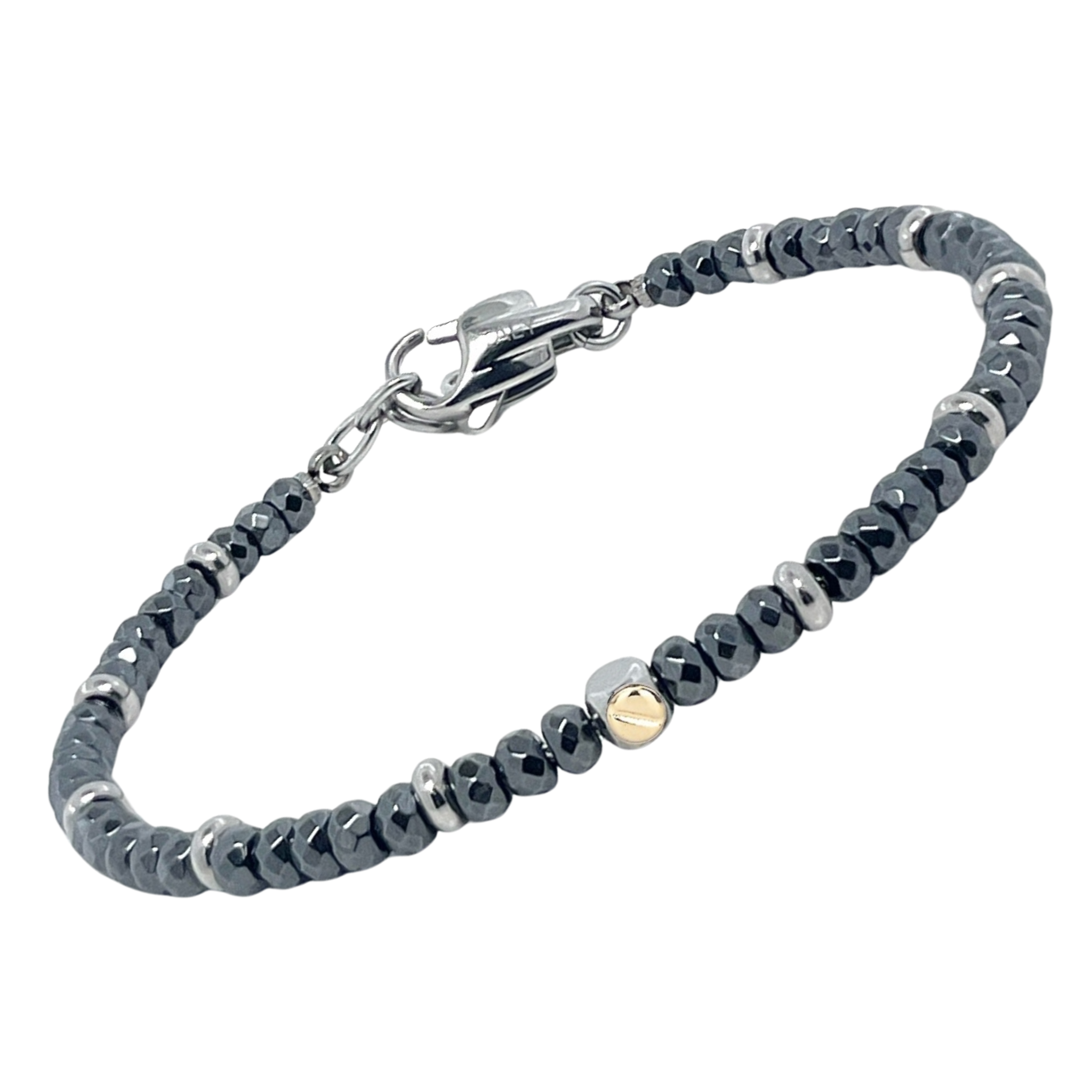 Bracciale in acciaio con pietre naturali in Ematite e vite centrale in oro 18 Kt (gr 0.03)