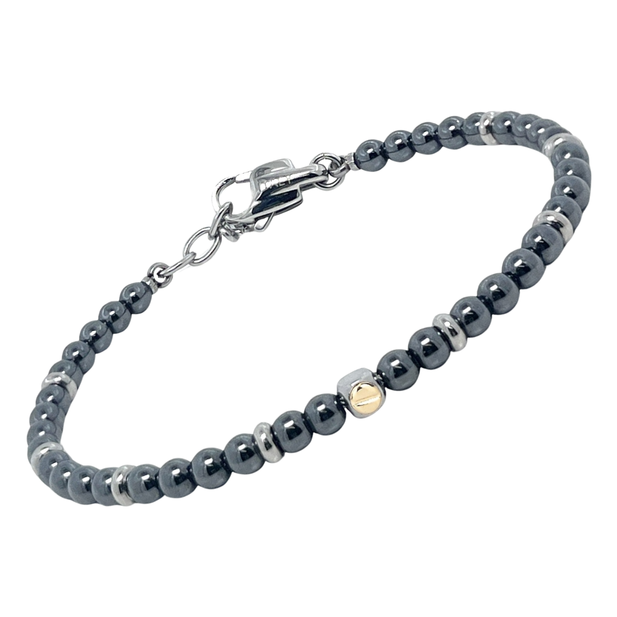 Bracciale in acciaio con pietre naturali in Ematite e vite centrale in oro 18 Kt (gr 0.03)