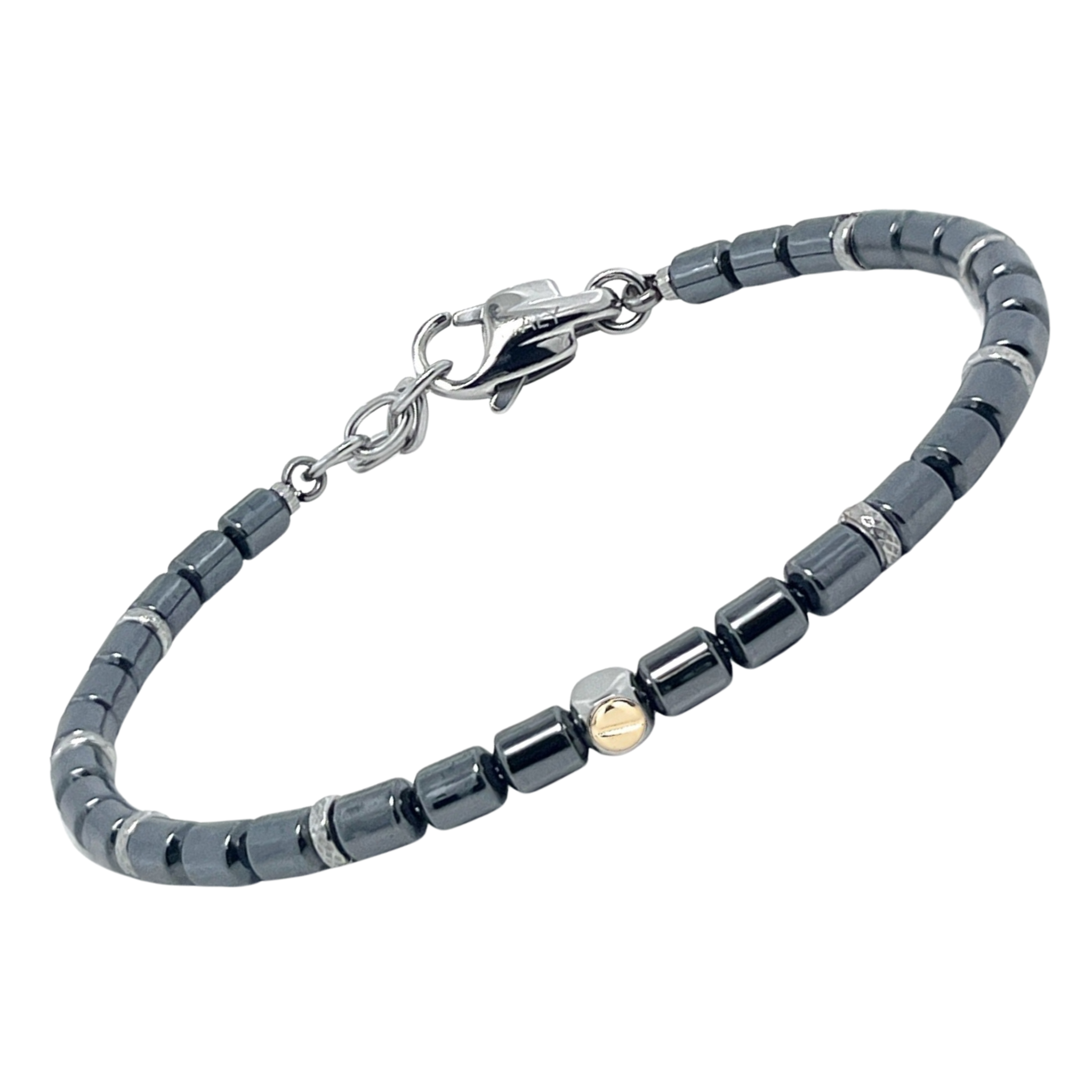 Bracciale in acciaio con pietre naturali in Ematite e vite centrale in oro 18 Kt (gr 0.03)