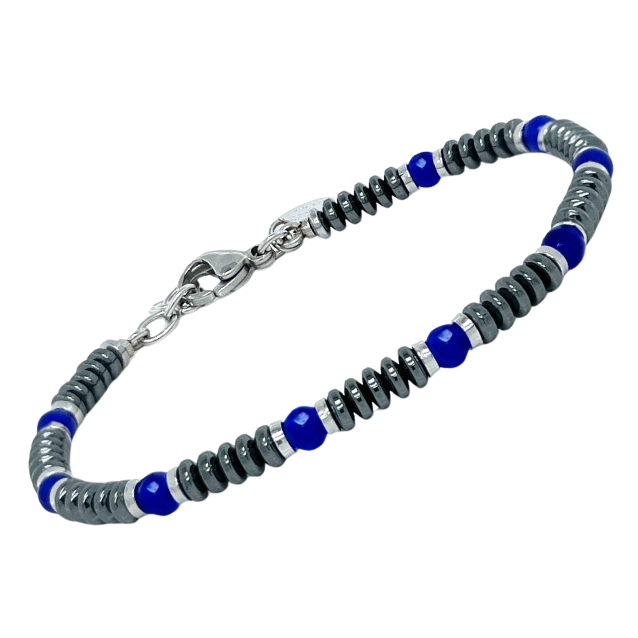Bracciale in acciaio e pietre naturali Ematite e Agata Blu
