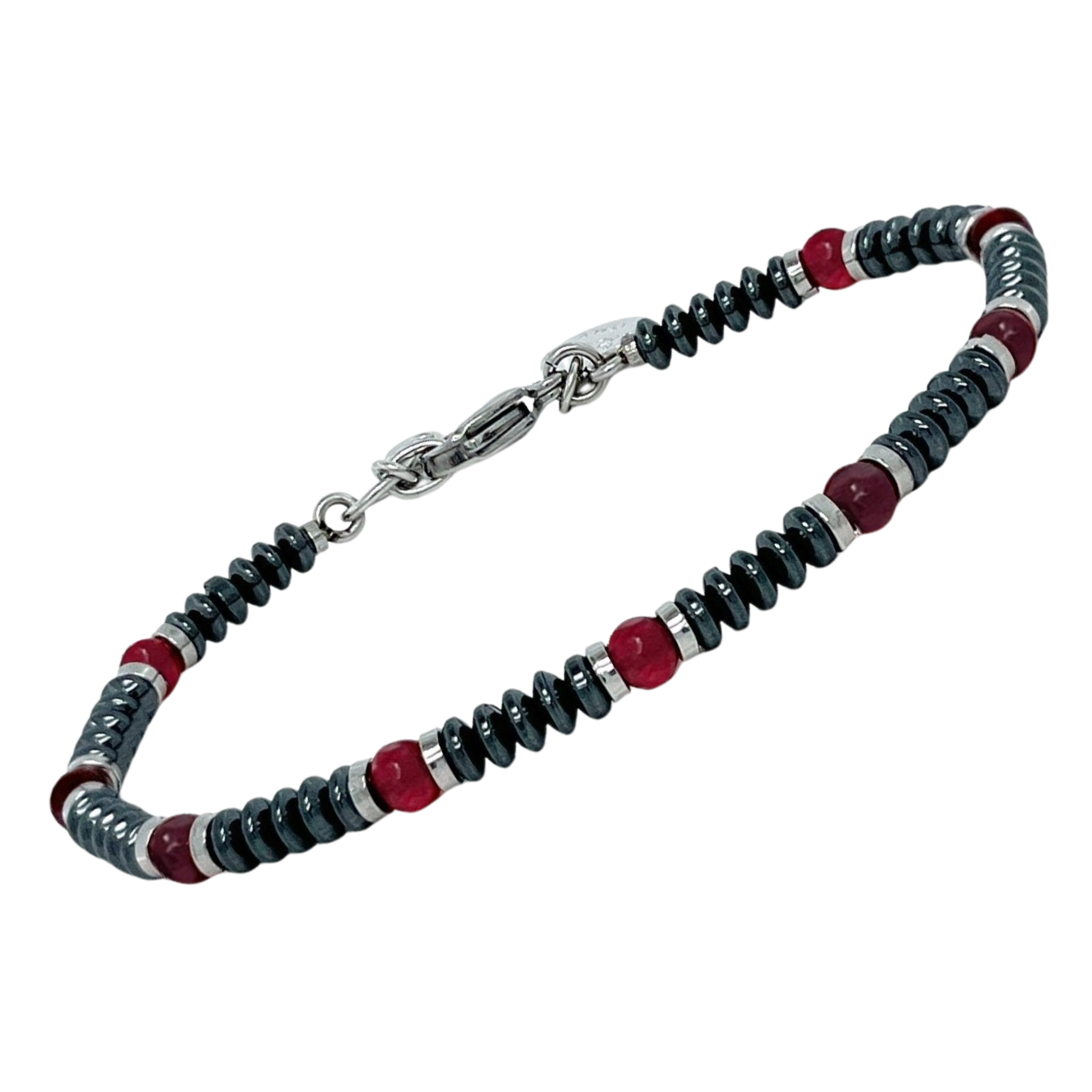 Bracciale in acciaio e pietre naturali Ematite e Agata Rossa