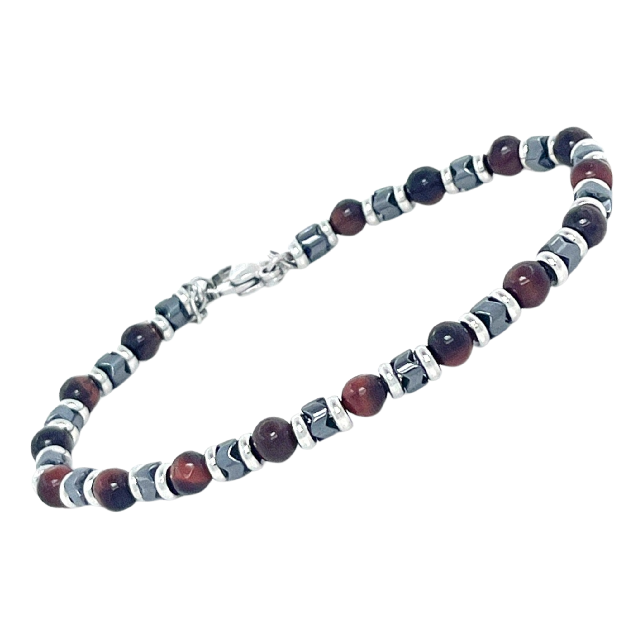 Bracciale in acciaio e pietre naturali Occhio di Tigre ed Ematite