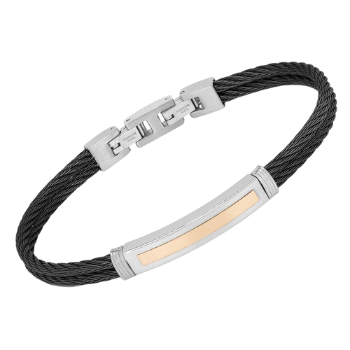 Bracciale a doppio cavetto in acciaio PVD nero e piastra con oro rosa 18 kt (gr 0.20)