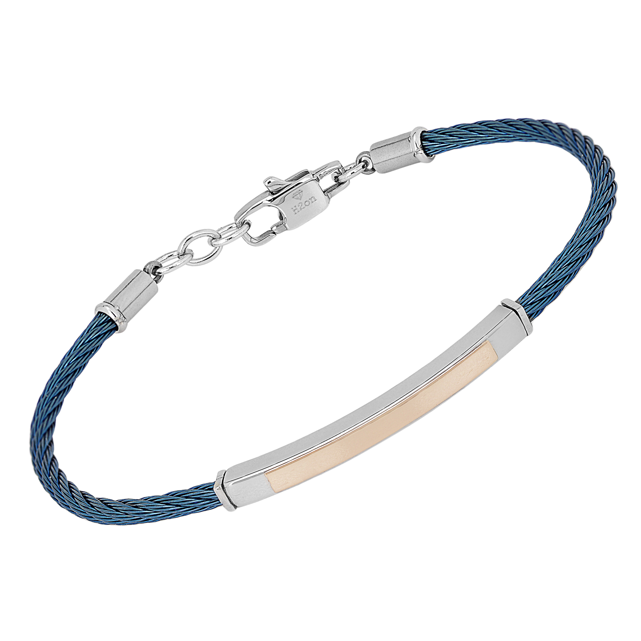 Bracciale cavetto in acciaio PVD blu e piastra con oro rosa 18 kt (gr 0.20)