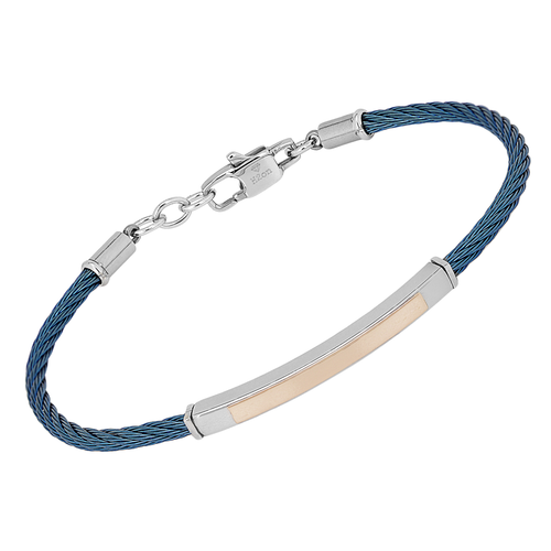 Bracciale cavetto in acciaio PVD blu e piastra con oro rosa 18 kt (gr 0.20)