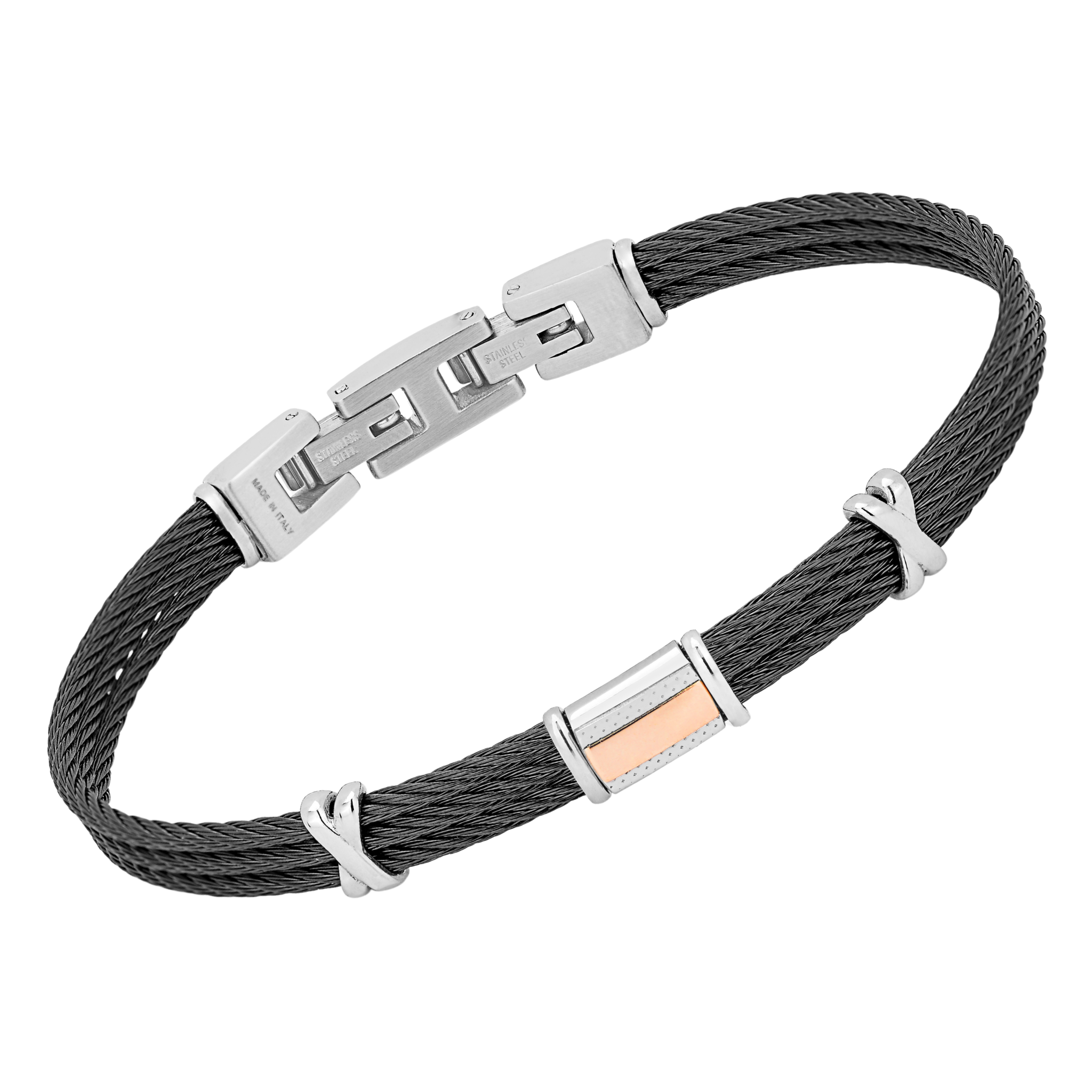 Bracciale in acciaio PVD nero e piastra con oro 18Kt rosé (gr 0.065)