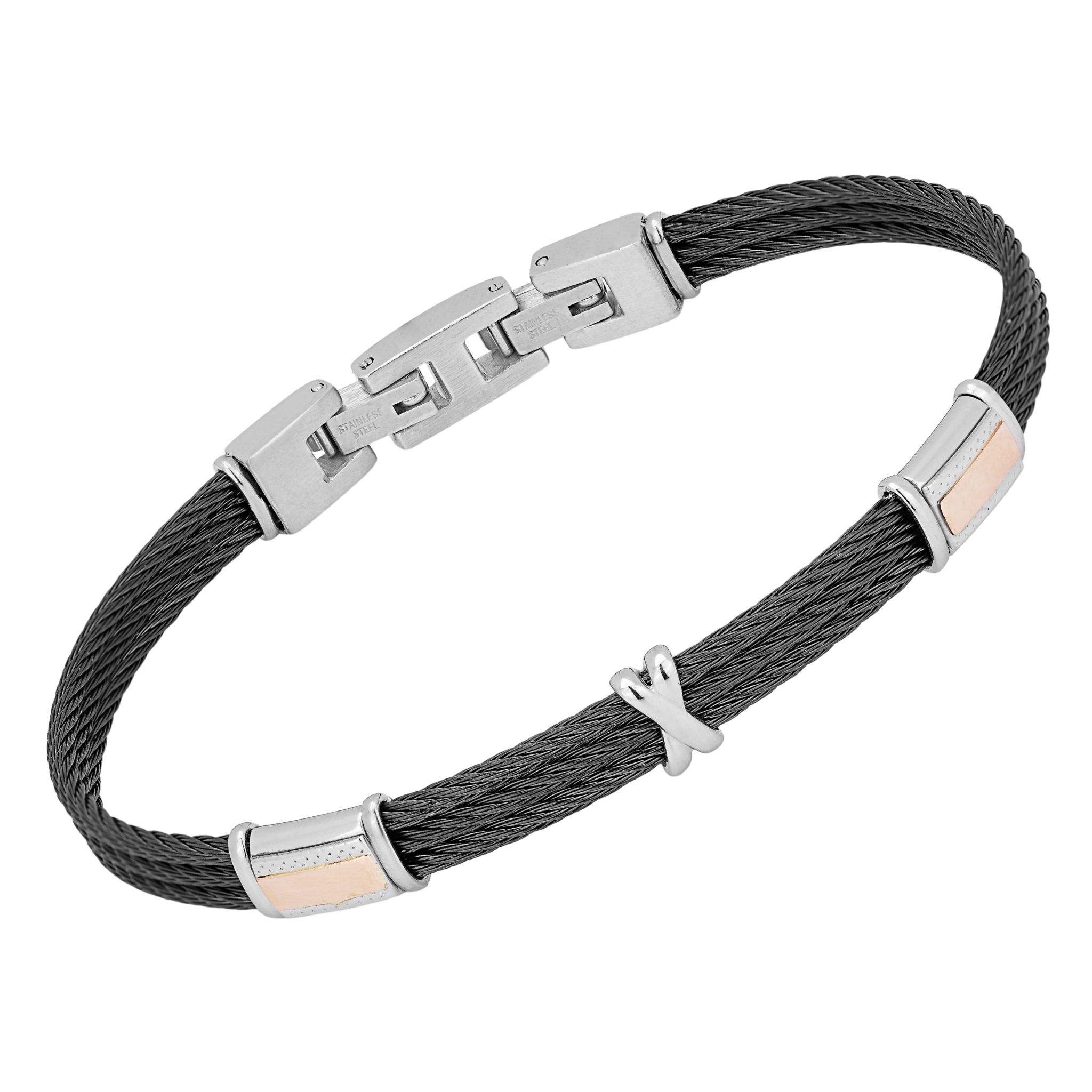Bracciale in acciaio PVD nero e doppia piastra con oro 18Kt rosé (gr 0.13)