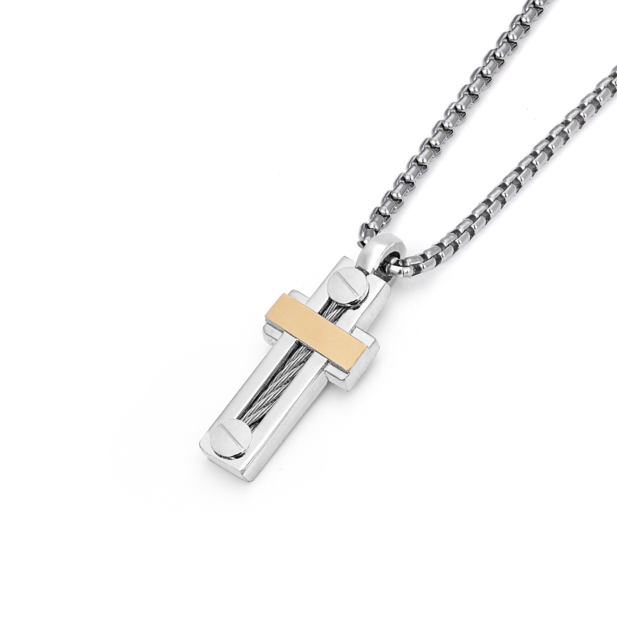 Collana con pendente a croce in acciaio e oro 18 kt (gr 0.07)