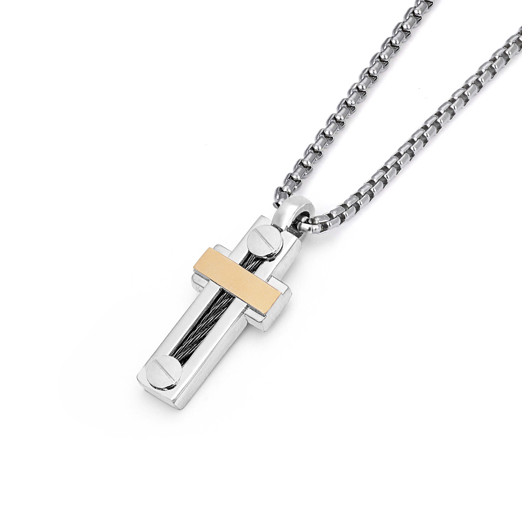 Collana con pendente a croce in acciaio PVD nero e oro 18 kt (gr 0.07)