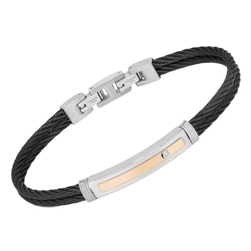 Bracciale a doppio cavetto PVD nero con piastra oro rosa 18 kt e Diamante Naturale (0,015 ct)