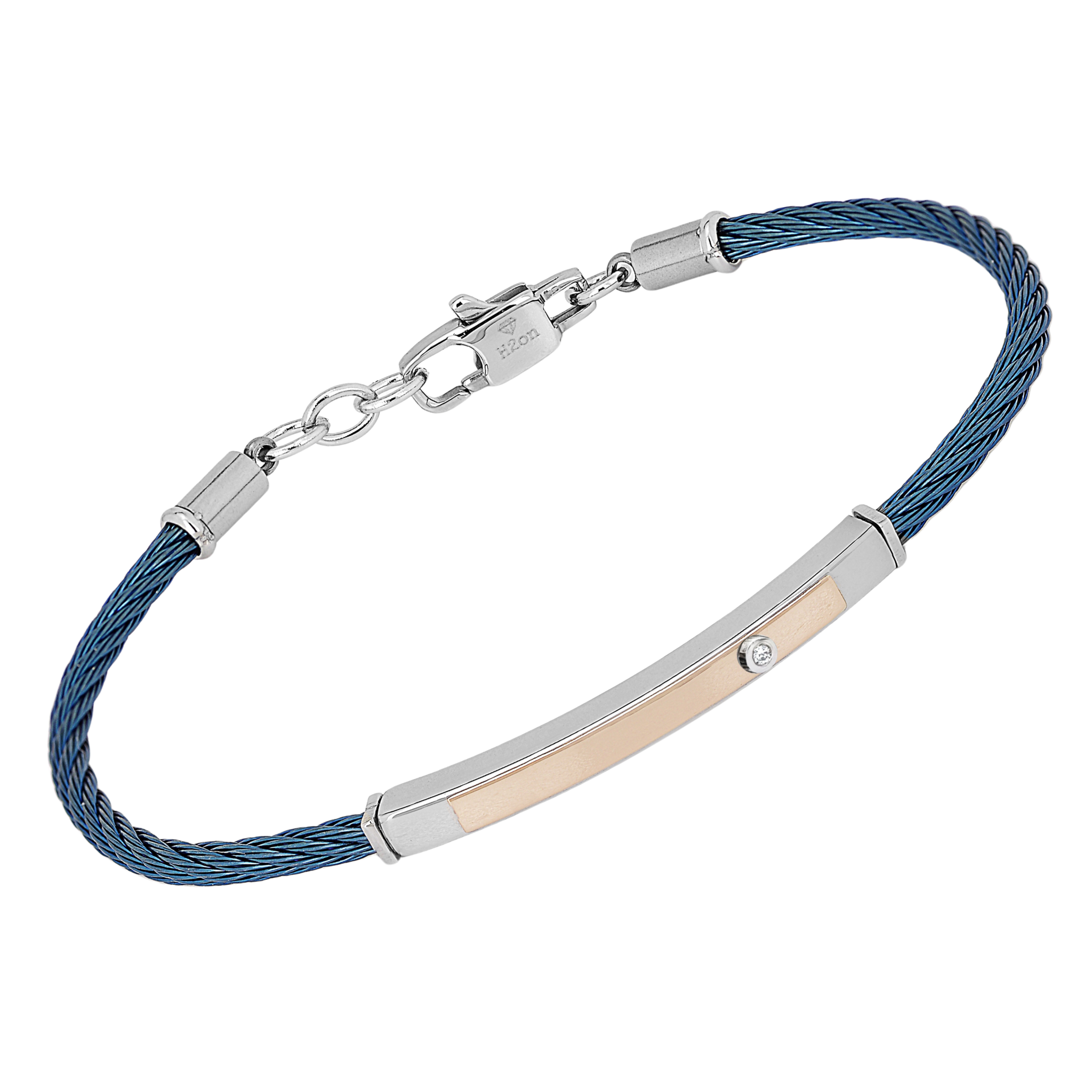 Bracciale cavetto PVD blu con piastra oro rosa 18 kt e Diamante Naturale (0,015 ct)