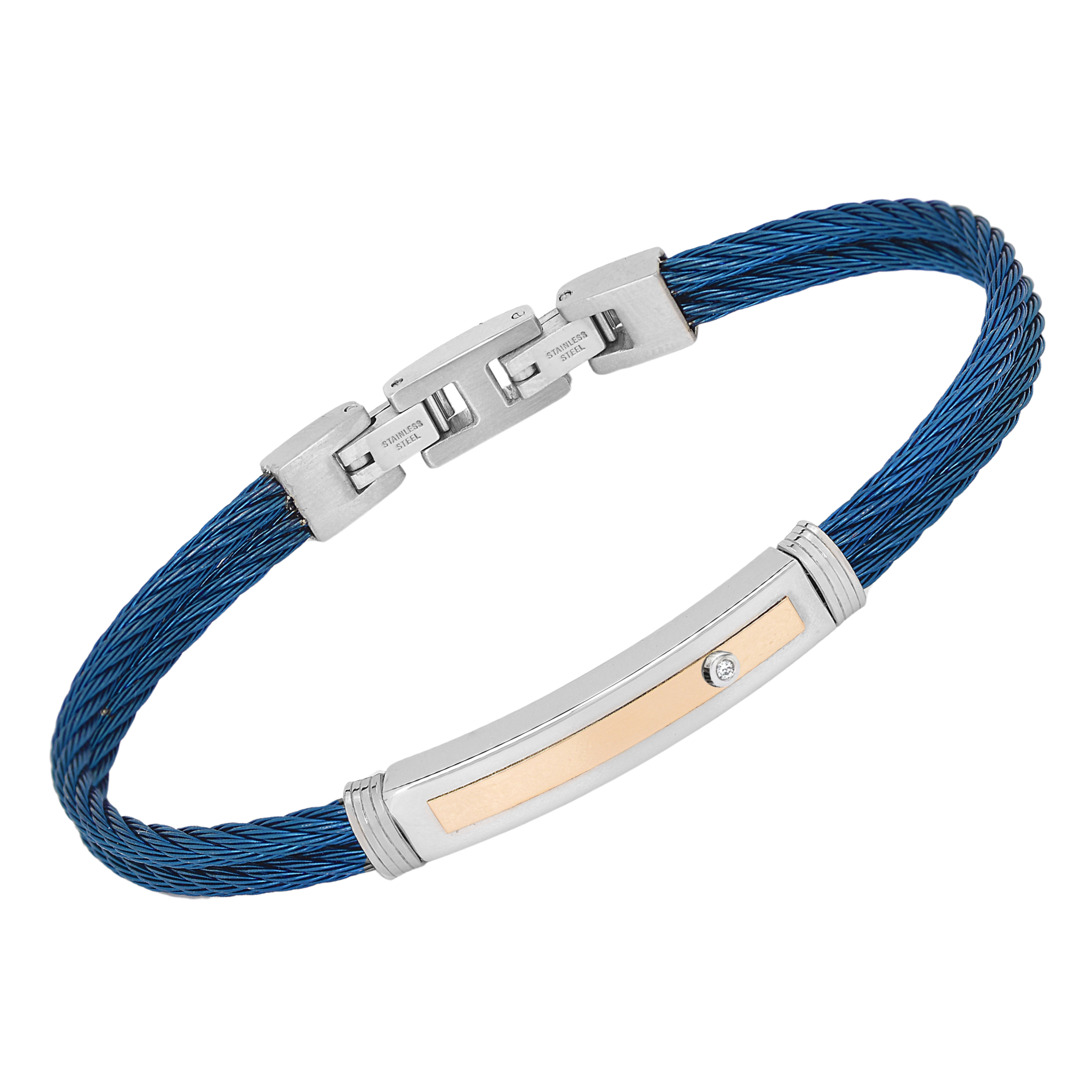 Bracciale a doppio cavetto PVD blu con piastra oro rosa 18 kt e Diamante Naturale (0,015 ct)