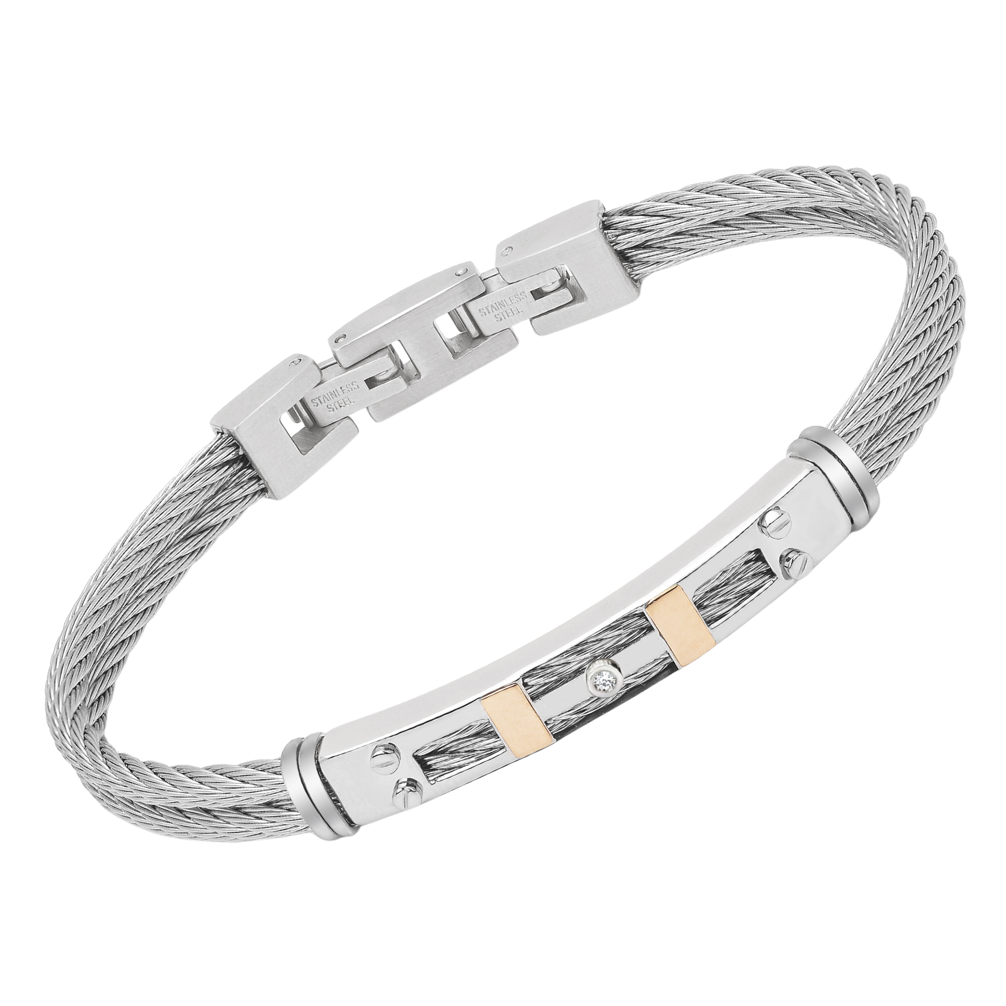 Bracciale cavetto acciaio PVD blu con inserti oro 18 Kt e Diamante Naturale (0,015 ct)