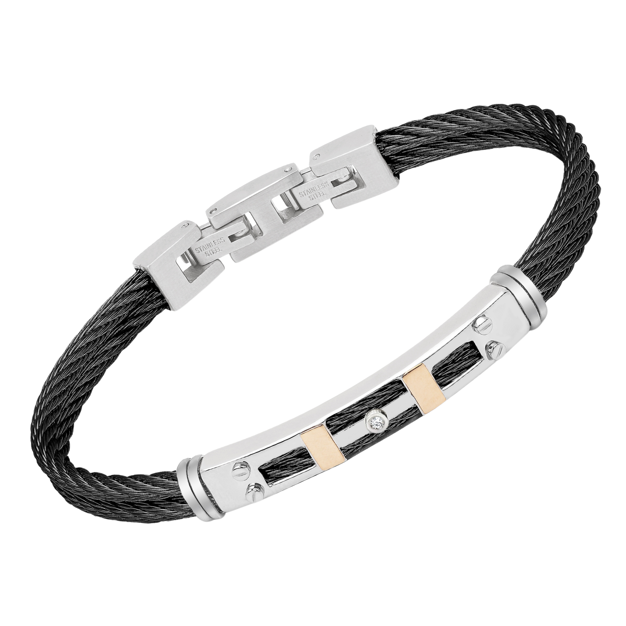 Bracciale cavetto acciaio PVD nero con inserti oro 18 Kt e Diamante Naturale (0,015 ct)