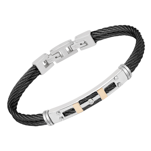Bracciale cavetto acciaio PVD nero con inserti oro 18 Kt e Diamante Naturale (0,015 ct)