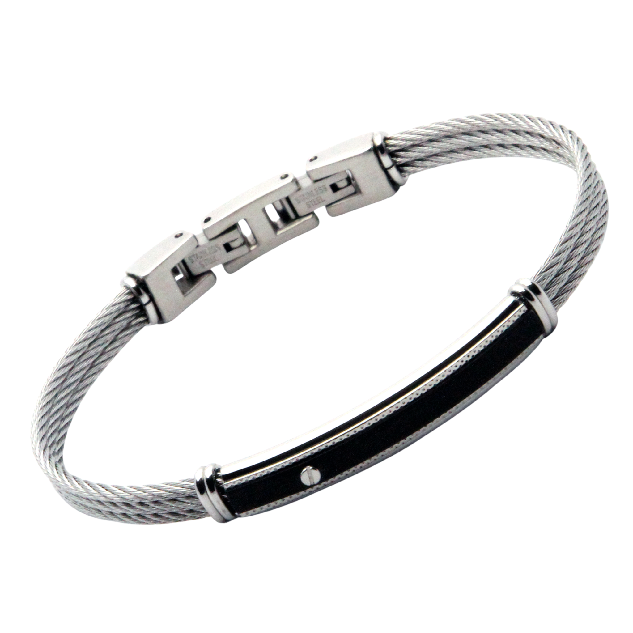 Bracciale cavetto in acciaio con piastra in PVD nero e vite in acciaio