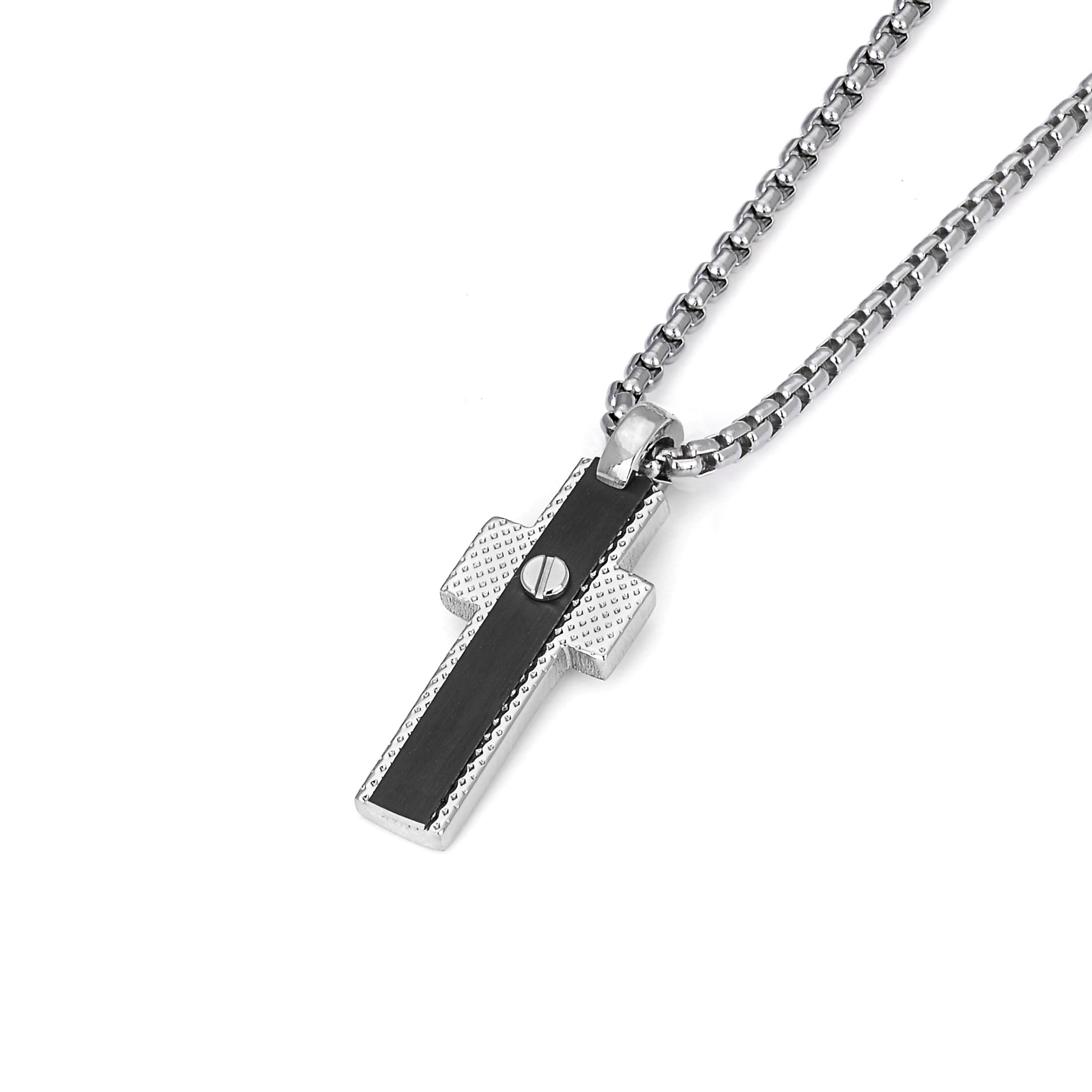 Collana con pendente a croce in acciaio e piastra in PVD nero con vite