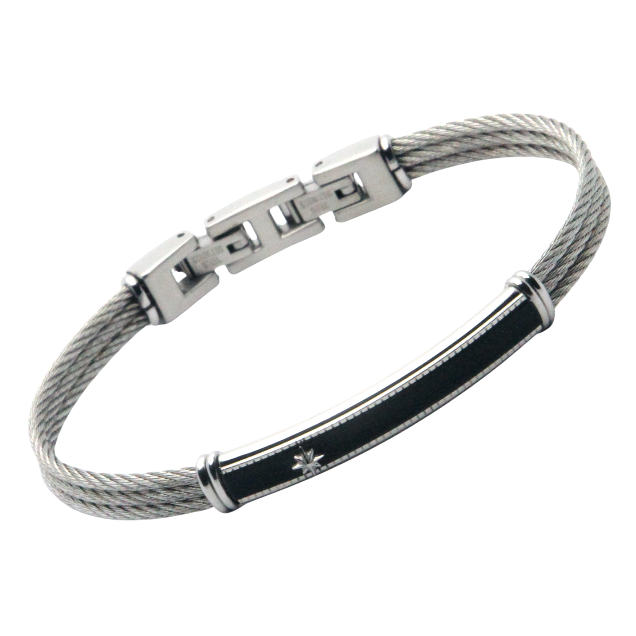 Bracciale cavetto in acciaio con piastra in PVD nero e stella polare in acciaio