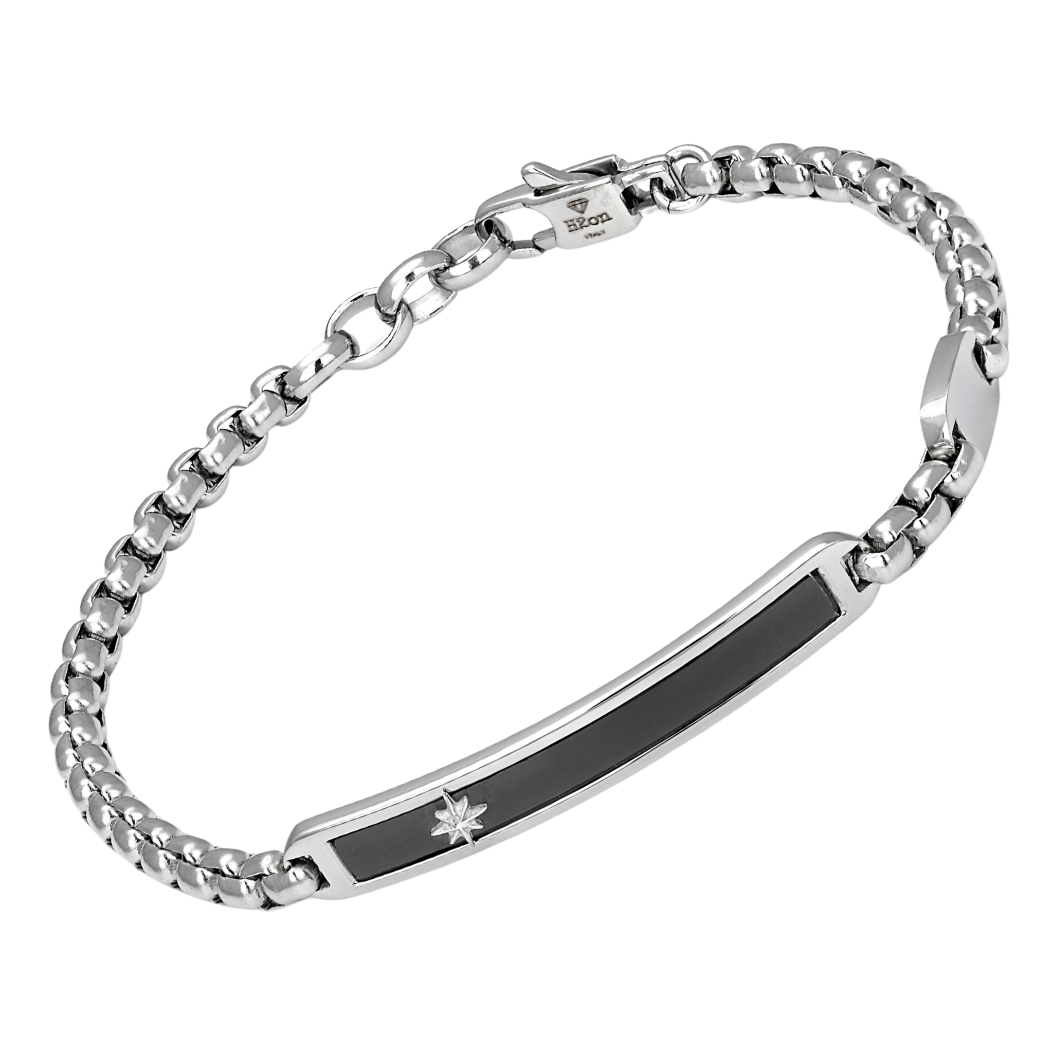 Bracciale con catena in acciaio e piastra in PVD nero con stella polare in acciaio