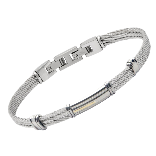 Bracciale cavetto in acciaio con piastra centrale godronata e striscia in oro 18kt (gr 0.04)