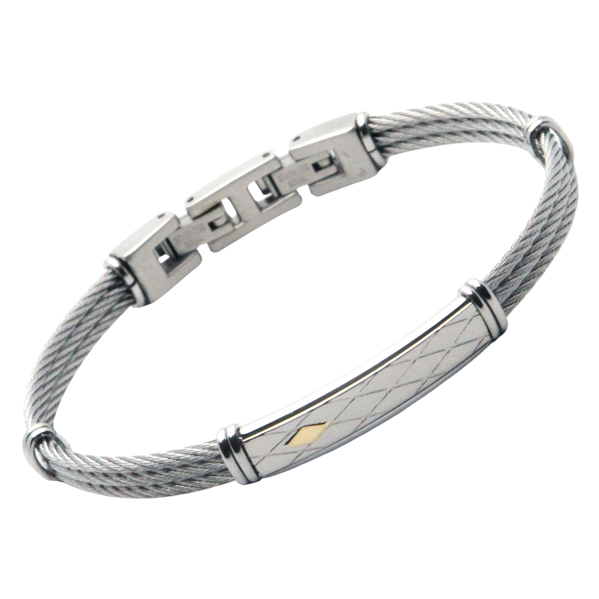 Bracciale cavetto in acciaio con piastra texture rombi e oro 18kt (gr 0.04)