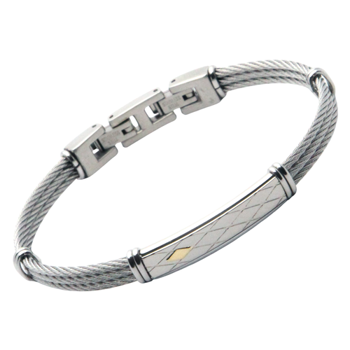 Bracciale cavetto in acciaio con piastra texture rombi e oro 18kt (gr 0.04)