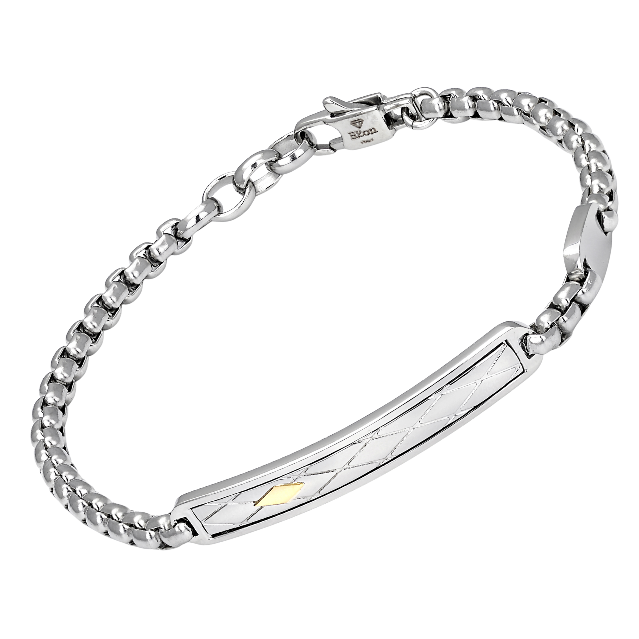 Bracciale con catena in acciaio e piastra texture rombi con oro 18kt (gr 0.04)