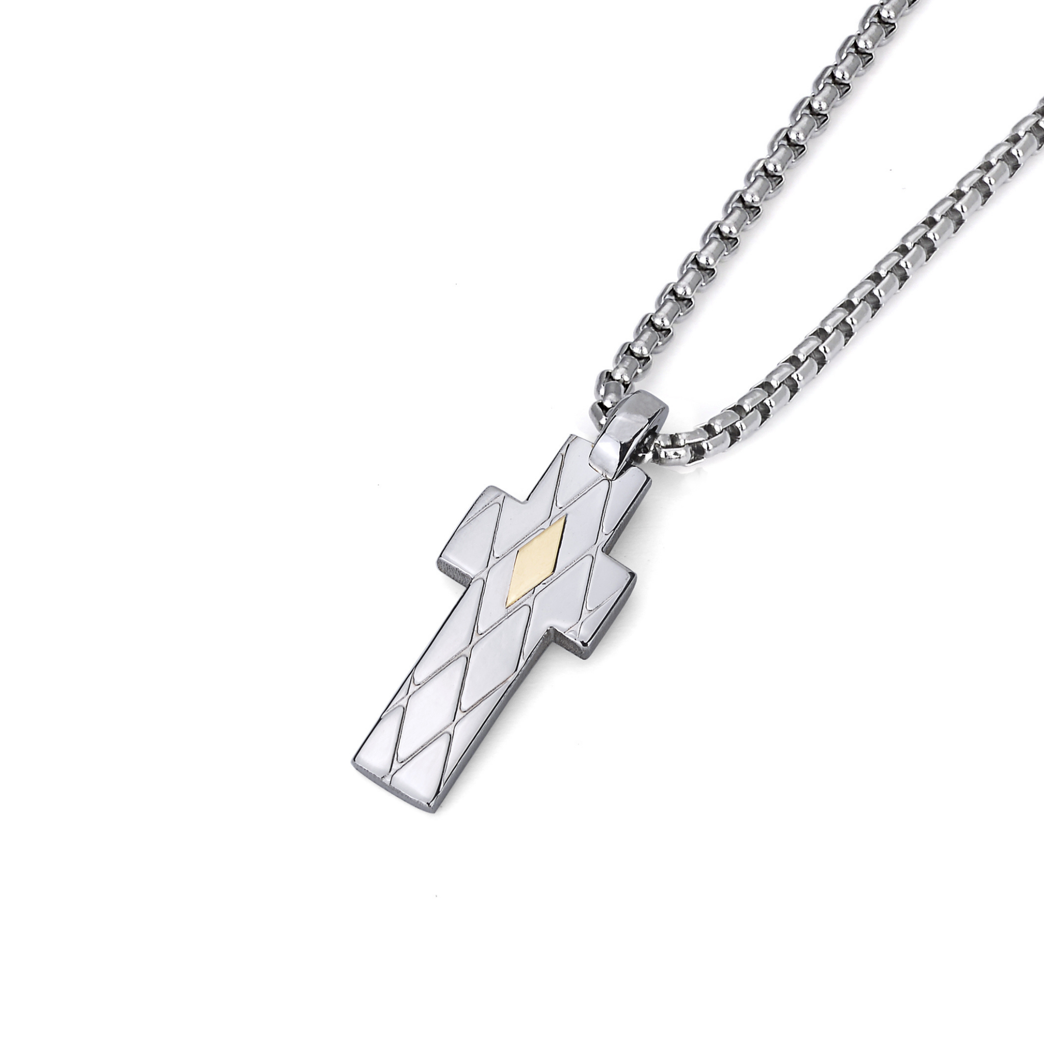 Collana con pendente a croce in acciaio con texture rombi e oro 18kt (gr 0.04)