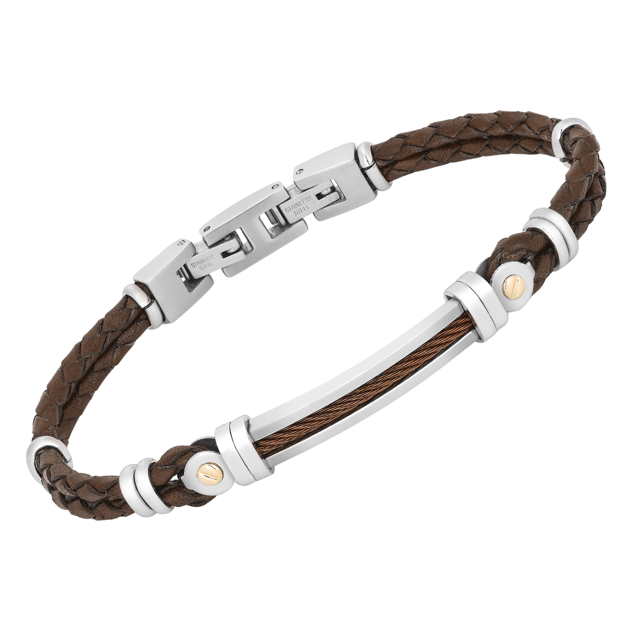 Bracciale in acciaio e cuoio marrone con cavetto in PVD e oro 18 kt (gr 0.06)