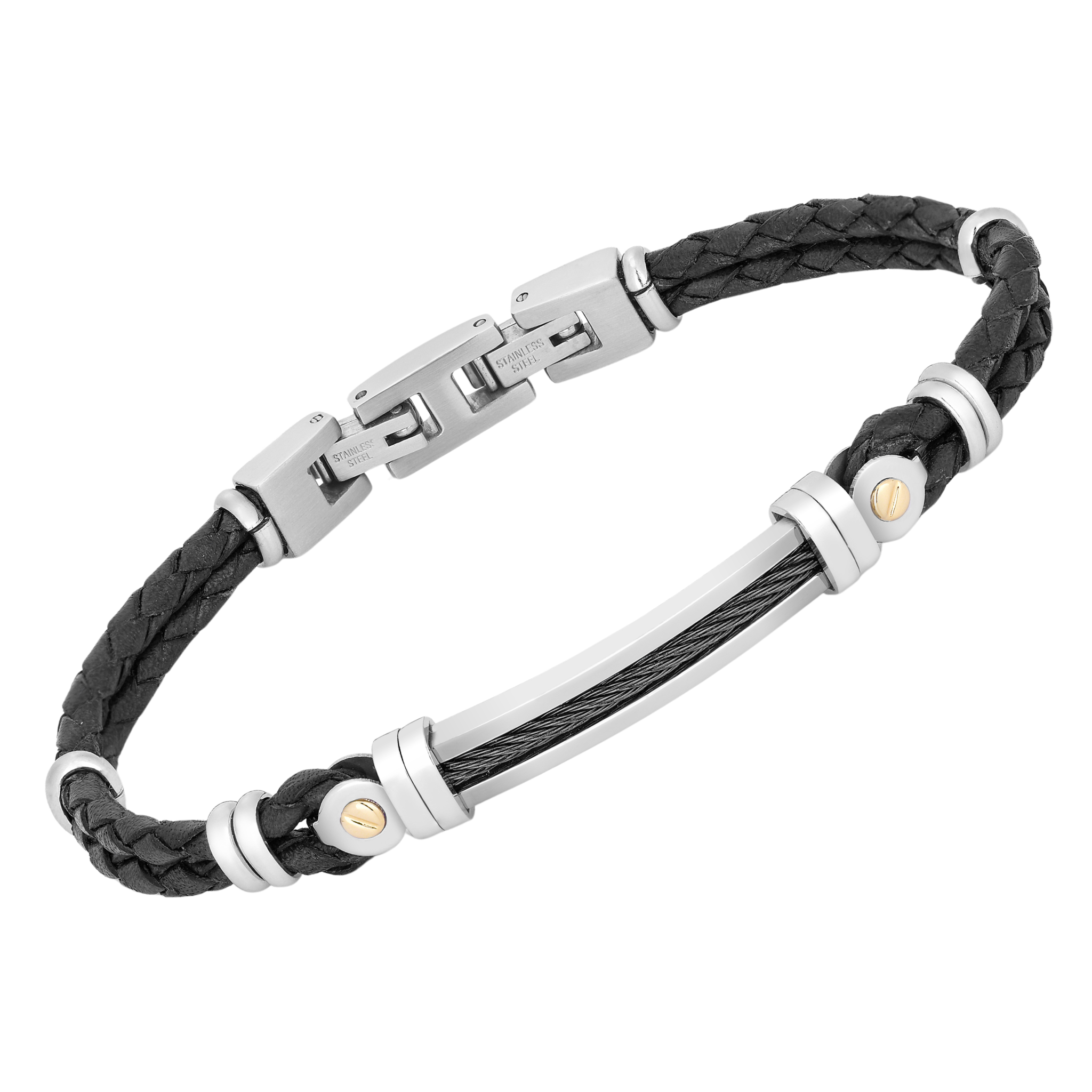 Bracciale in acciaio e cuoio nero con cavetto in PVD nero e oro 18 kt (gr 0.06)