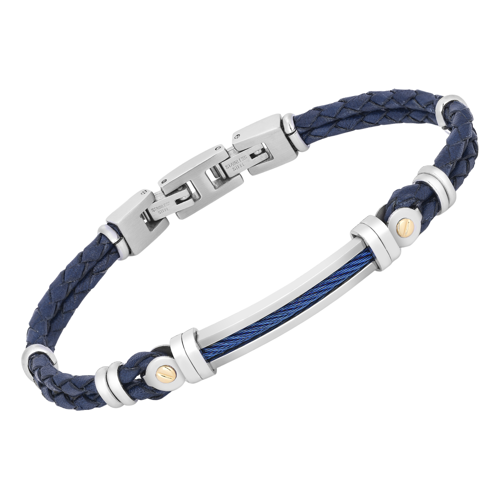 Bracciale in acciaio e cuoio blu con cavetto in PVD blu e oro 18 kt (gr 0.06)