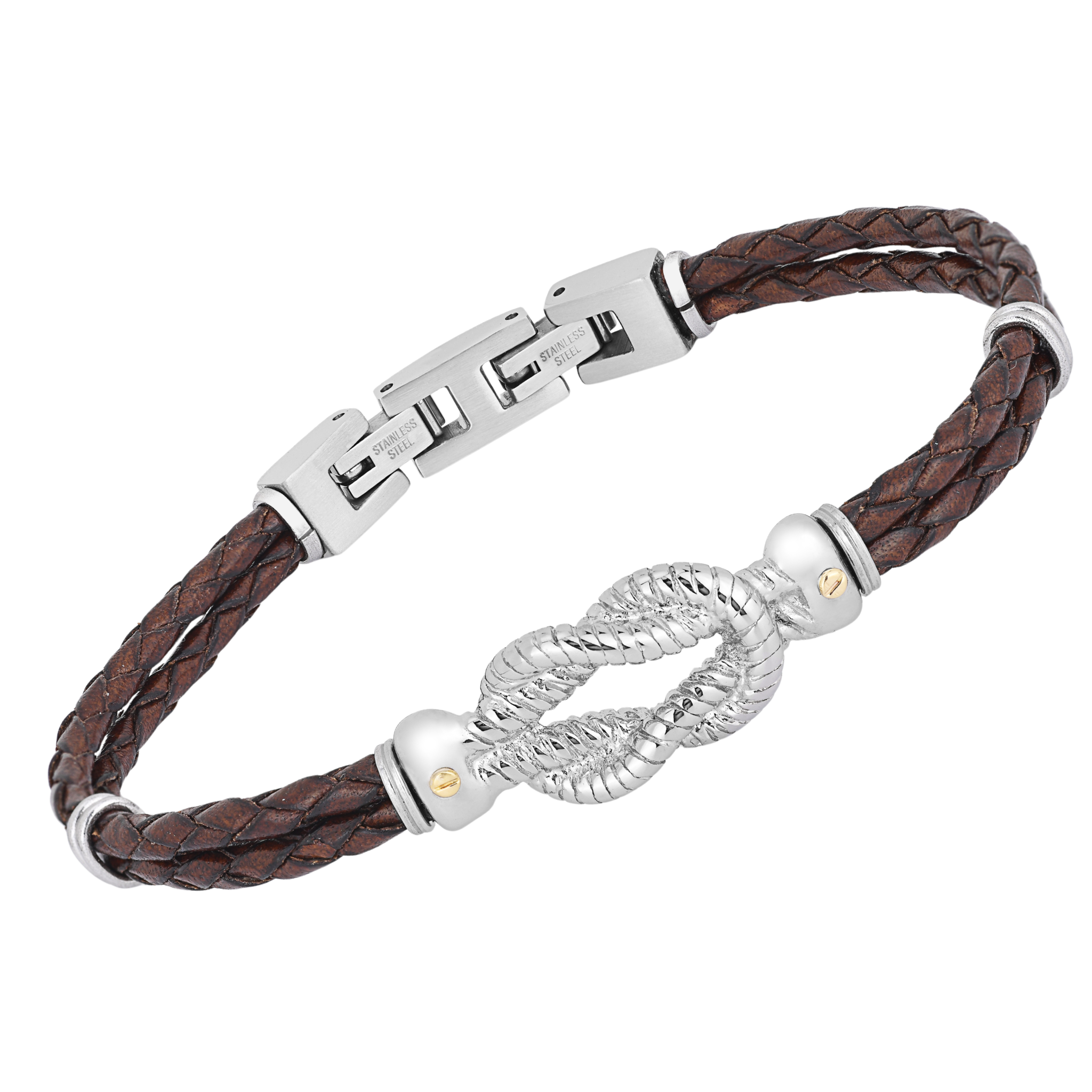 Bracciale in acciaio e cuoio marrone con nodo microfuso e oro 18kt (gr 0.04)