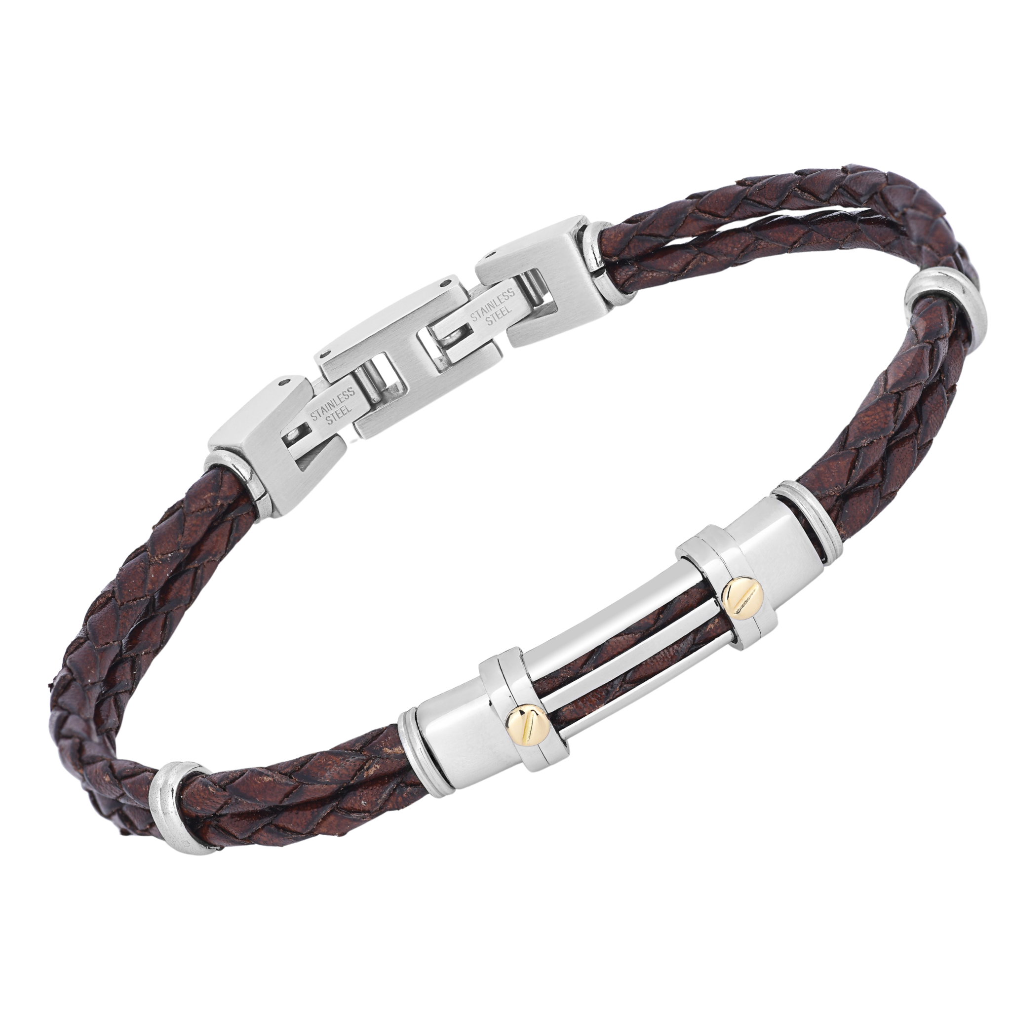 Bracciale in acciaio e cuoio marrone con piastra e oro 18kt (gr 0.06)