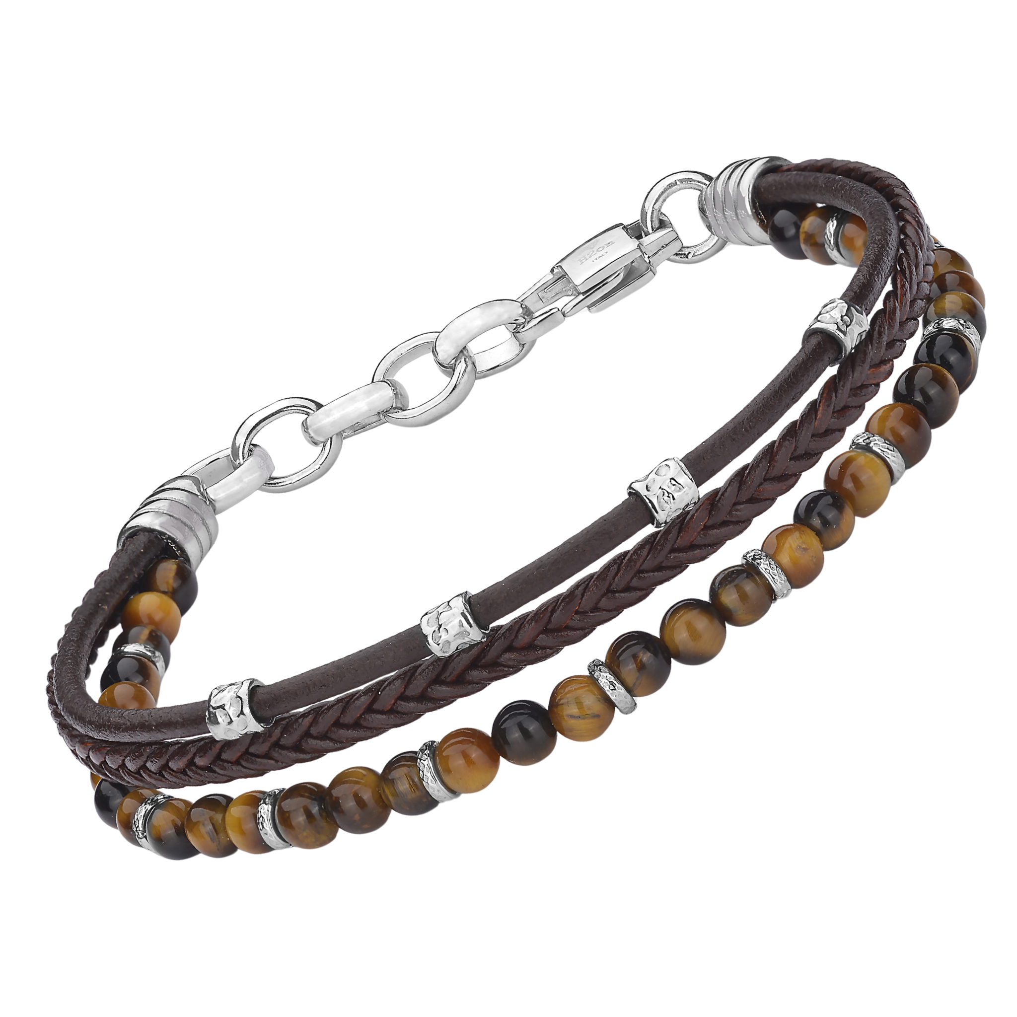 Bracciale in cuoio marrone con semilavorati in acciaio e pietre naturali Occhio di Tigre