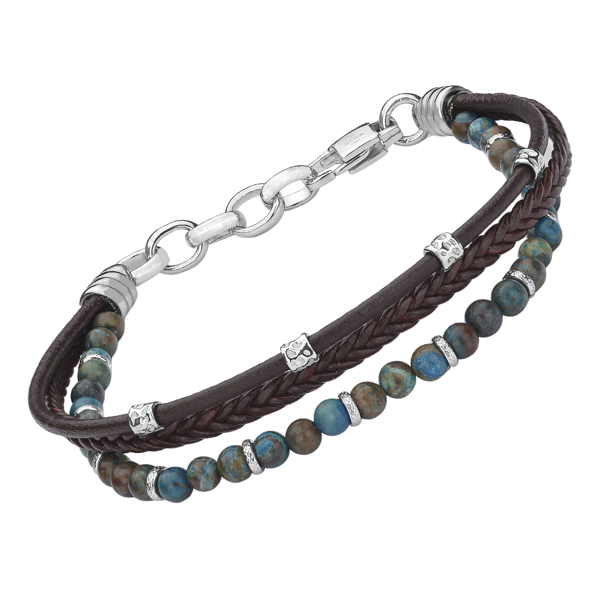 Bracciale in cuoio marrone con semilavorati in acciaio e pietre naturali Agata Emimorfite