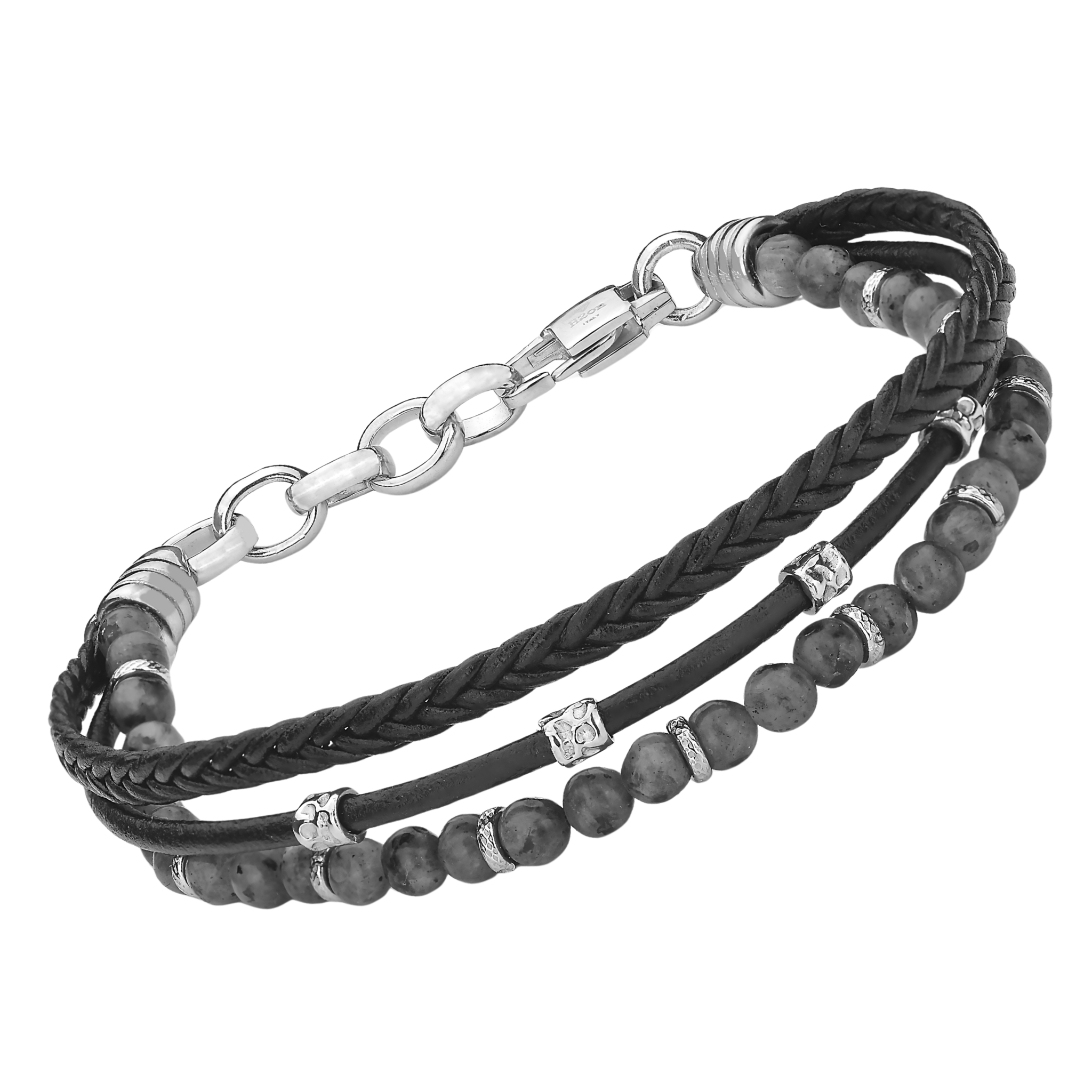 Bracciale in cuoio nero con semilavorati in acciaio e pietre naturali Labradorite