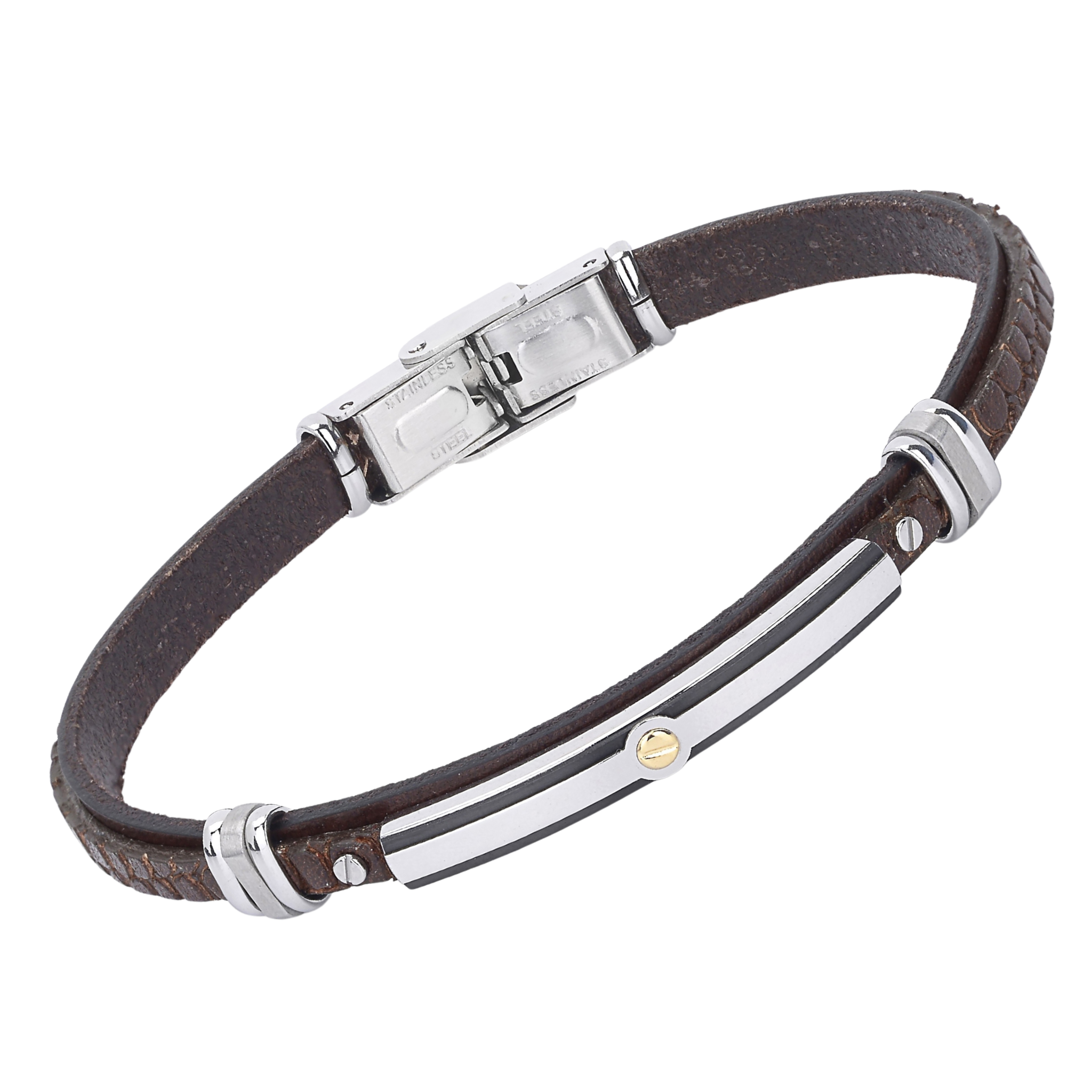 Bracciale in acciaio e cuoio marrone con texture e piastra centrale e vite in oro 18 kt (gr 0.03)