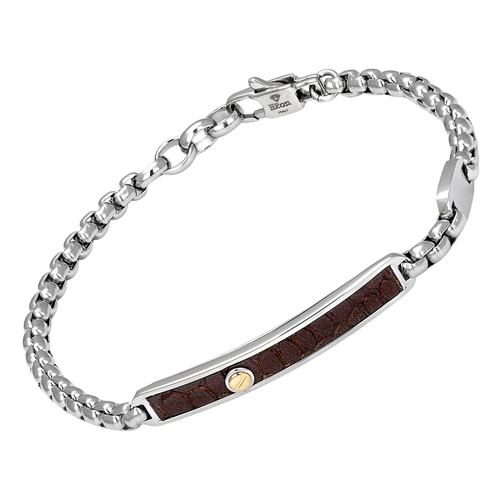 Bracciale con catena in acciaio e cuoio marrone con texture e vite in oro 18 kt (gr 0.03)
