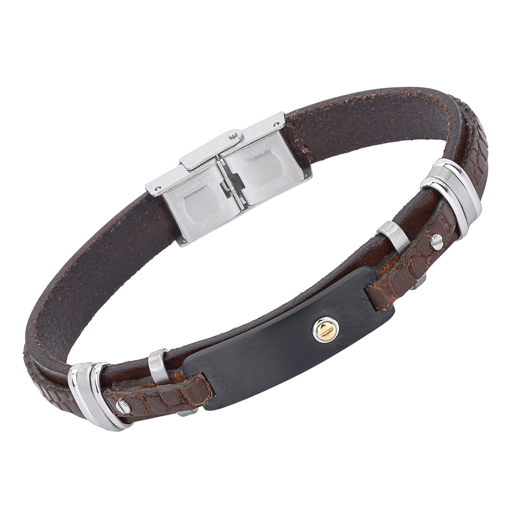 Bracciale in acciaio e cuoio marrone con texture e piastra in PVD nero e vite in oro 18 kt (gr 0.03)
