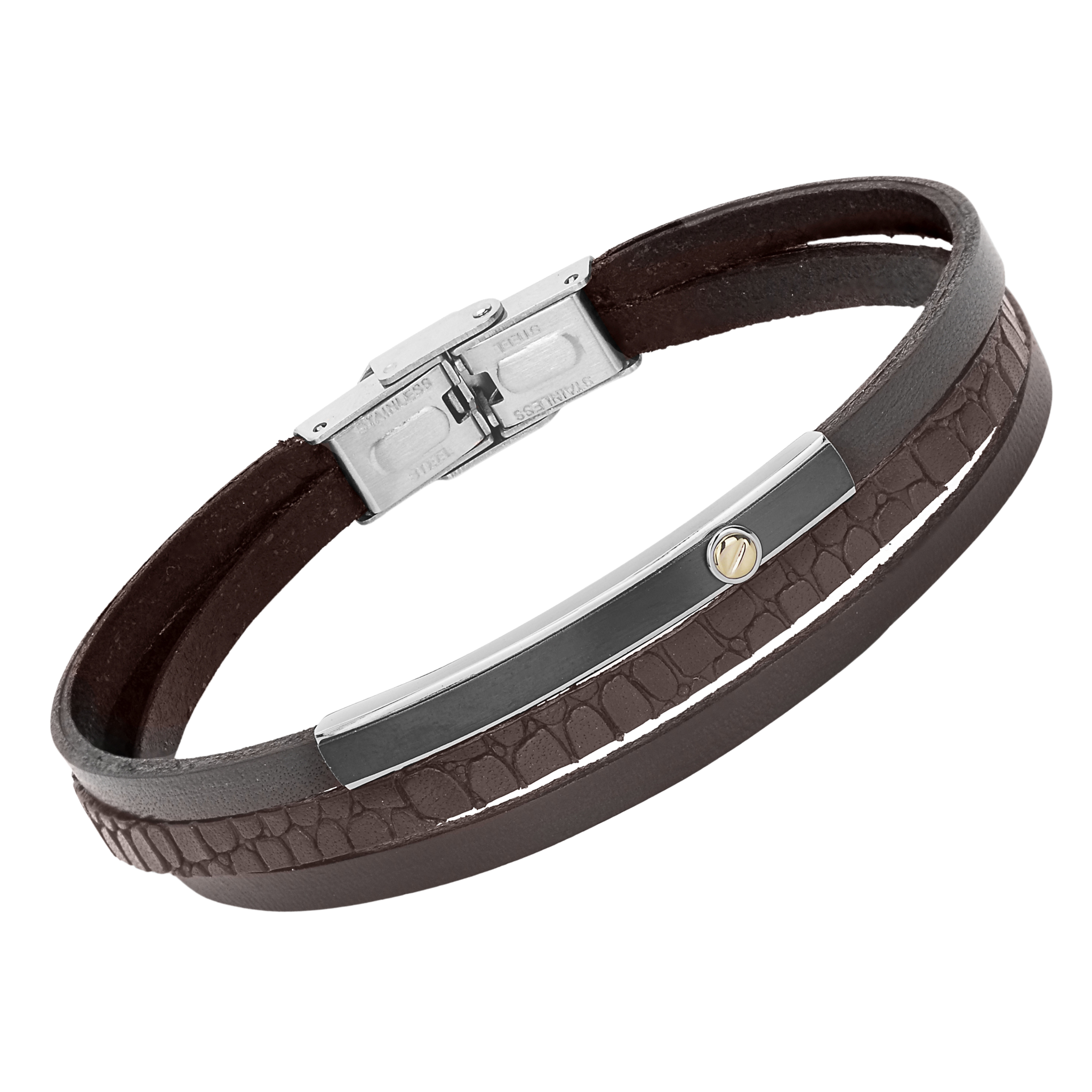 Bracciale in acciaio e cuoio marrone con texture a fasce e vite in oro 18 kt (gr 0.03)