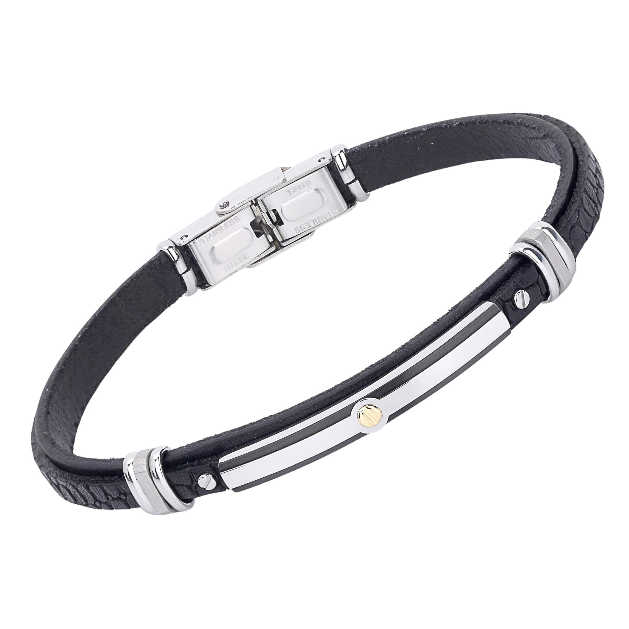 Bracciale in acciaio e cuoio nero con texture e piastra centrale e vite in oro 18 kt (gr 0.03)
