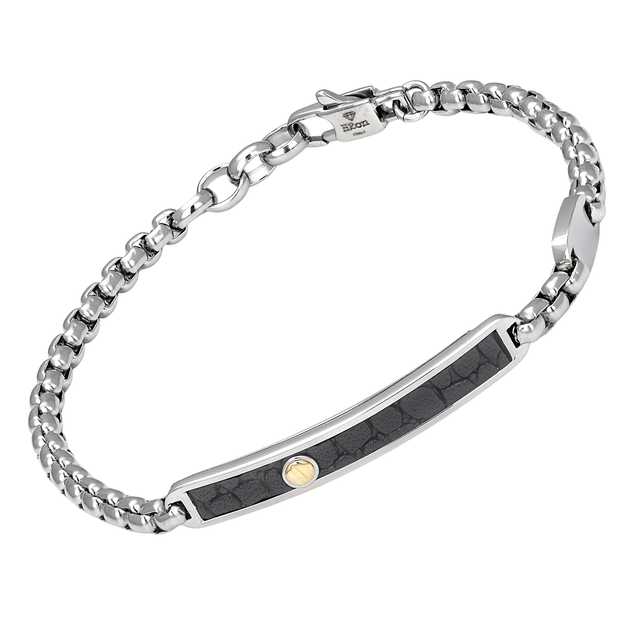 Bracciale con catena in acciaio e cuoio nero con texture e vite in oro 18 kt (gr 0.03)