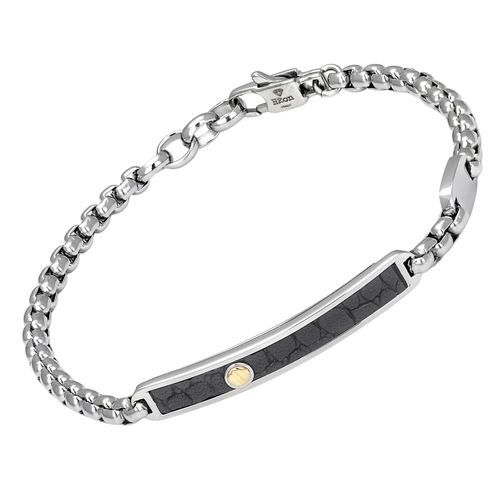 Bracciale con catena in acciaio e cuoio nero con texture e vite in oro 18 kt (gr 0.03)